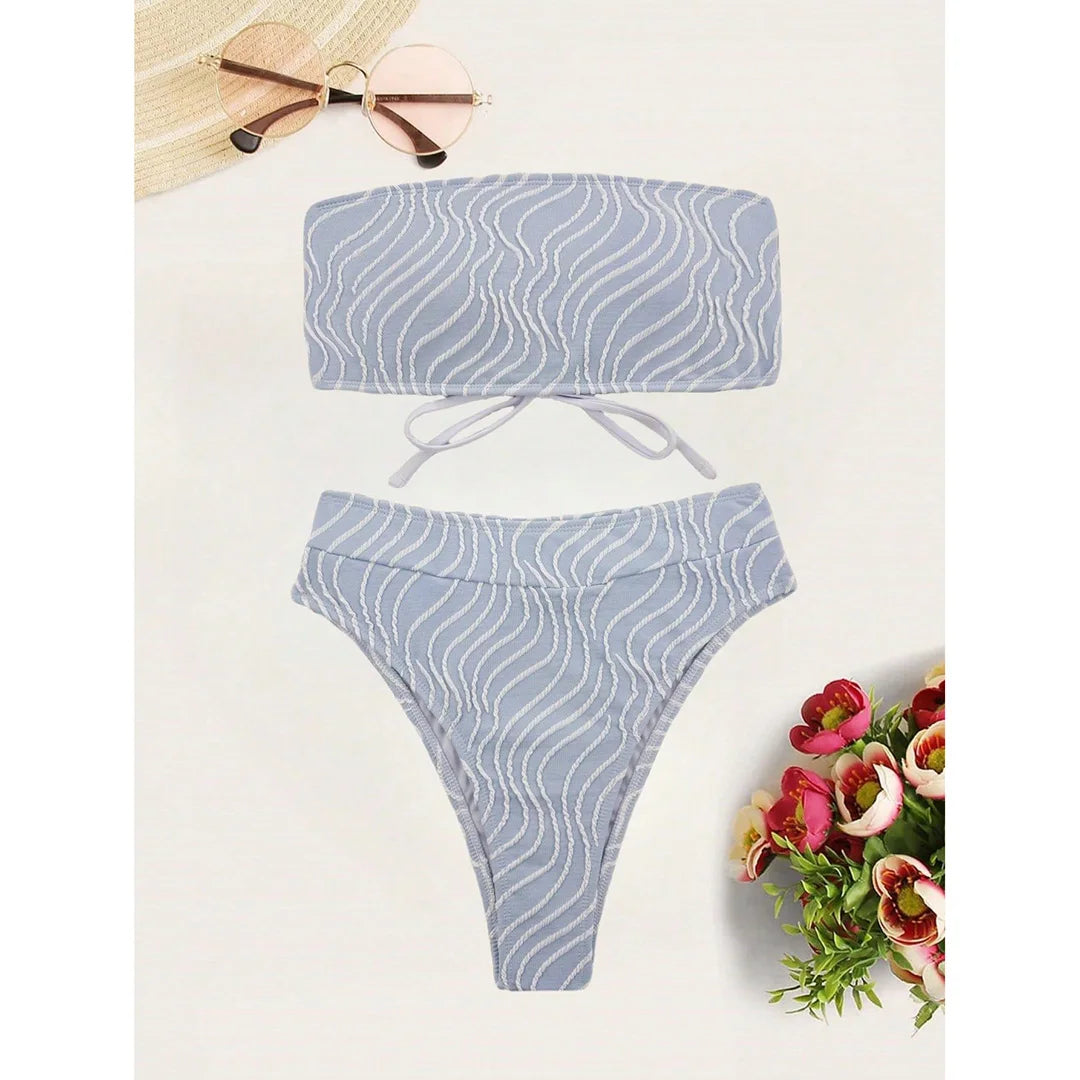 Sexy Wave Striped Bandeau High Waist Bikini Female Swimsuit Women Swimwear Two-Pieces Bikini Set Bather Bathing Suit Swim V5445