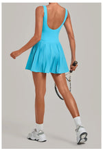 Naked Fake Two Piece Tennis Dresses with Pocket Bottom Women Back Hollow Out Pleate Skirts Outwear Square Collar Golf Yoga Dress