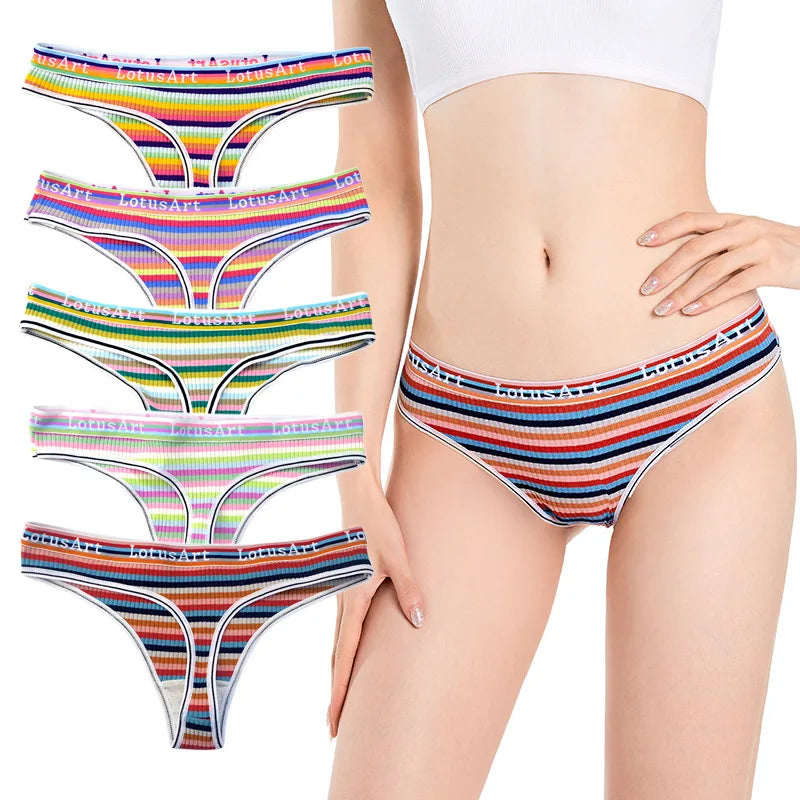 5Pcs/Set G-string Women Panties Female Low Waist Thongs Seamless Underwear Sexy Lingerie Rainbow Striped Cotton Underpants M-XL