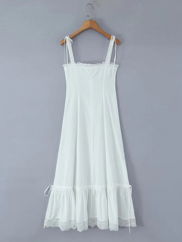 Summer Womens White Dresses Spaghetti Strap New in Long Dress 2025 Beach Casual Midi Party Vestidos Single Breasted Lace Dress