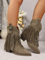 Women Ankle Boots AutumnSuede Chelsea Boots Pointed Toe Tassel High Heel Shoe Rivet Fashion Retro Cowboy Boots Botas Mujer