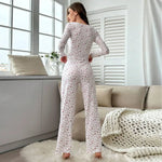 Sleepwear Women Floral Print Lettuce Trim Top with Long Pant Lovely Loungewear Full Sleeve Nightwear Spring Autumn Pajamas Set