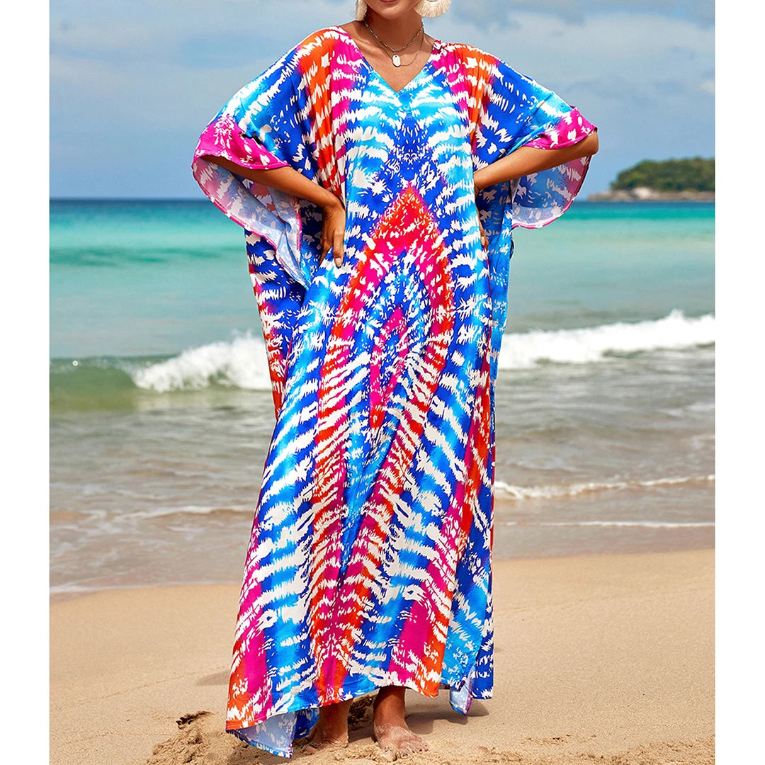 2026 New Colorful Kaftan Tunic Beach Dress Beach Wear Beachwear Beach Cover Up Cover-upsLoose Maxi Dress Female Women V4428