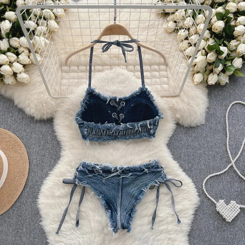 Bathing Suit Women Sexy Denim Suits Bikini Set Lace Up Drawstring Beachwear 2025 Solid Summer Vintage Two-pieces Swimwear