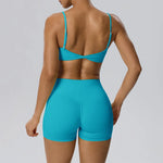 STOUREG Women 2 Piece Yoga Workout Set Adjustable Strap Twist Back Sports Bra Peach Hip Yoga Shorts Fitness Gym Outfit