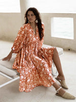 Foridol Lantern Half Sleeve Cyan Bohemian Beach Midi Loose Dress Summer for Women Tie Up Casual Floral Holiday Midi Vestidos