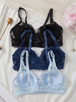 3Pcs/Set Sexy Floral Lace Bra for Women Underwire Thin Cup Unlined Lingerie Adjustable Daily Comfortable Bras