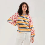 Loose Knitted Tops Women Contrast Color Stripe Floral Print Long Sleeve Pullovers Fall Winter Casual Jumpers