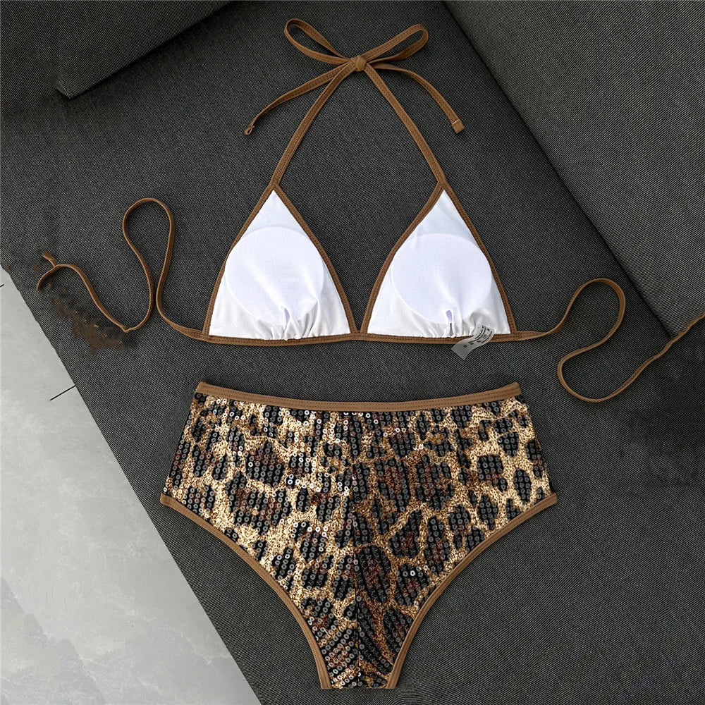 Sexy Brown Leopard Sequin Swimwear Halter String Triangle Bikini Femmes Women 2026 Micro Thong Swimsuit Bikinis Sets De Mujer