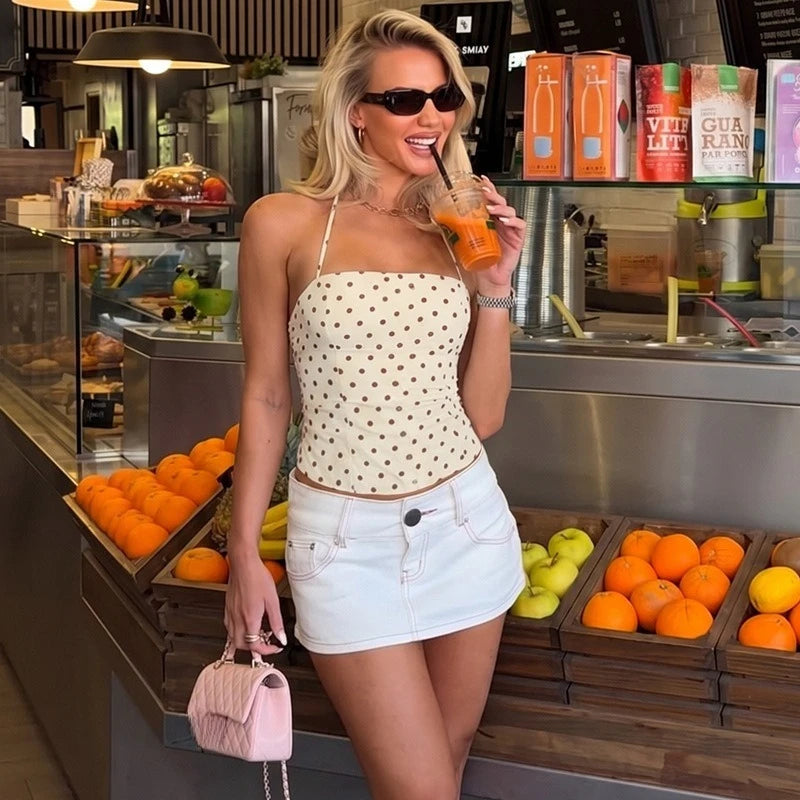 FDYOUI Sexy Halter Neck Polka Dot Tank Tops 2026 Women Lace-up Backless Slim Corset Camisoles Ladies Summer Crop Top Streetwear