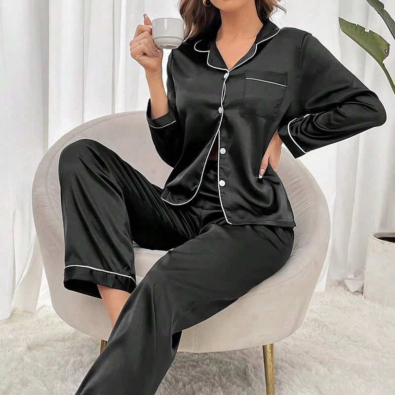 Women's Luxurious Satin Pajamas Pj Set Turn-down Collar Button Tops & Pants Sleepwear & Loungewear for Summer Home Clothes Suit