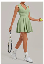 Summer Women Solid Tennis Dresses Sleeveless Turn Down Collar Pleated Skirts with Detachable Pocket Shorts Slim Yoga Golf Dress