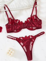 Red Floral Embroidery Lingerie Set Women Sheer Mesh Push Up Bra And Thong 2 Piece Sexy Transparent Lace Underwear ZA824031