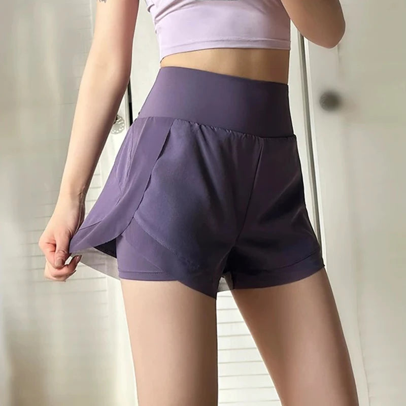 Women's yoga shorts, summer mesh fake two-piece quick drying anti glare fitness high waisted yoga pants