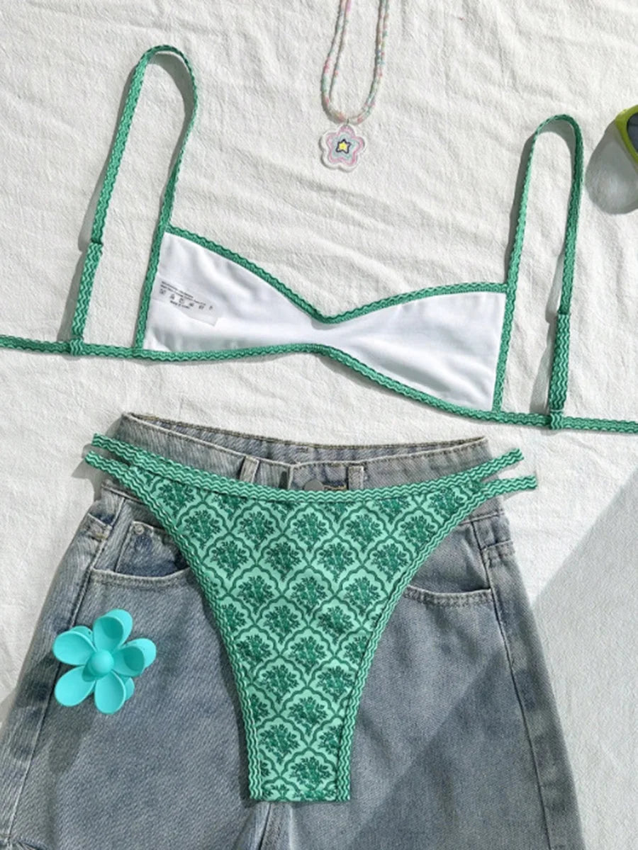 XS - XL Flowers Printed High Leg Cut Bikini Female Swimsuit Women Swimwear Two-pieces Bikini set Bather Bathing Suit Swim Lady