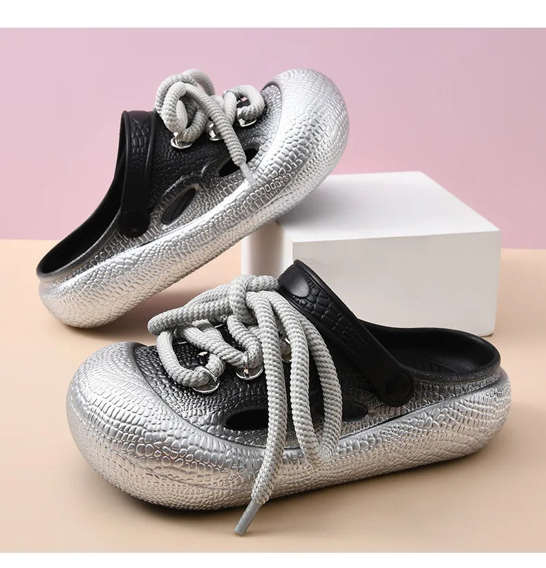 Plus Size Summer Platform Sandals For Women Men Home Street Garden Shoes Lace-up Style Silver Gold Clogs Couples Beach Slippers