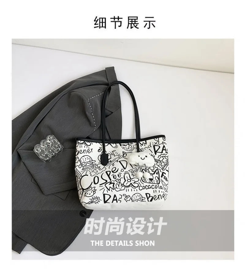 Large Capacity Printed Tote Bag, Fashion and Versatile Casual Single Shoulder Handbag with Pendant, College Style Women's Bags