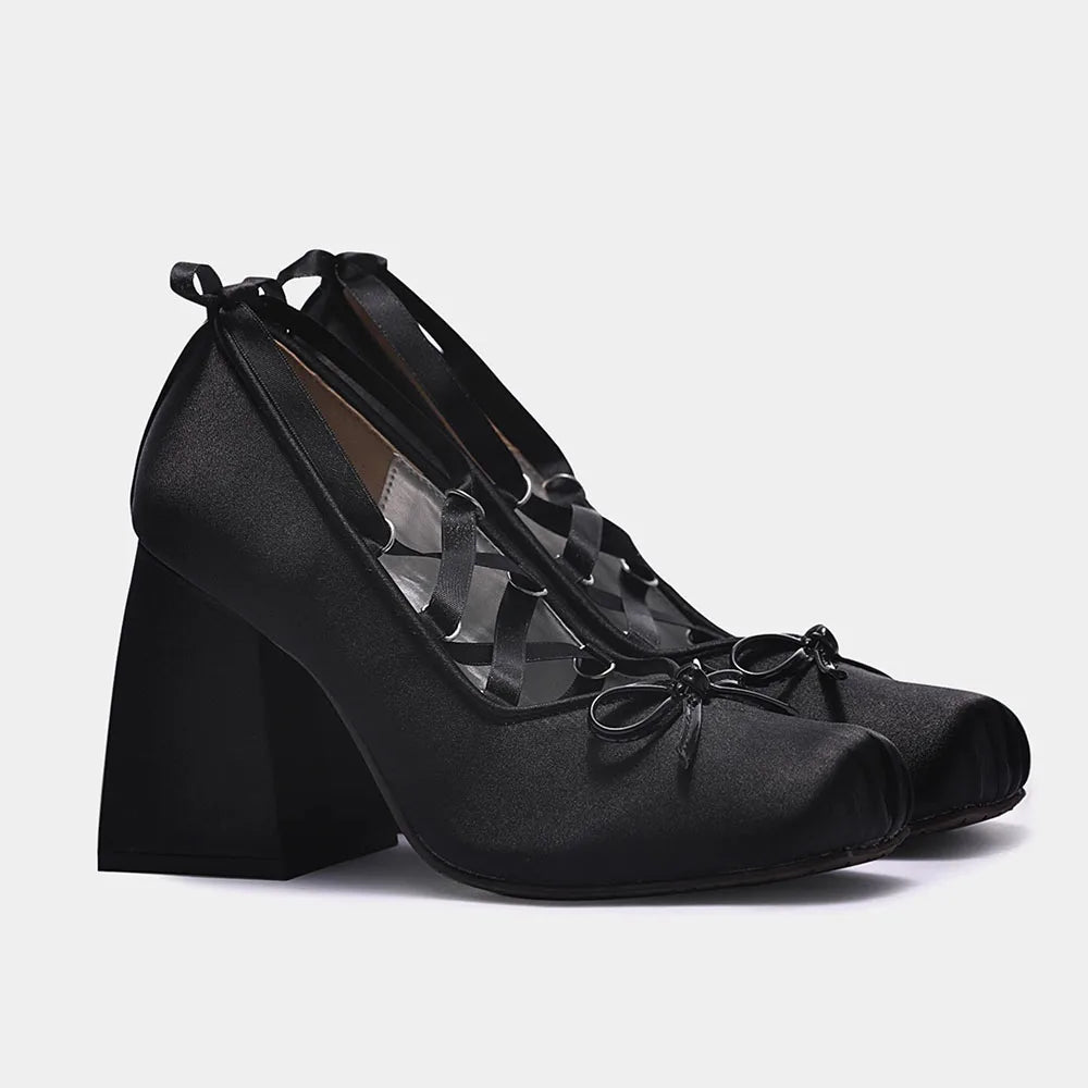2026 y2k Block High Heels Summer Vintage Black Satin Pink Lolita Mary Janes Shoes Women Sweet Cross-tied Ballet Pumps Footwear