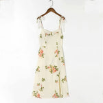 Spaghetti Strap Lace Up Beige Chiffon Summer Dress Sexy Slip Midi Sleeveless Dress Robe Big Flower Print Women Beach Dress Boho