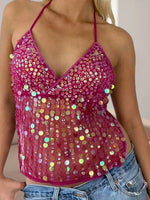 Women's Solid Color Halter Neck Crop Tops Summer Sleeveless V neck Open Back Slim Fit Tie Up Sequins Camis Tops