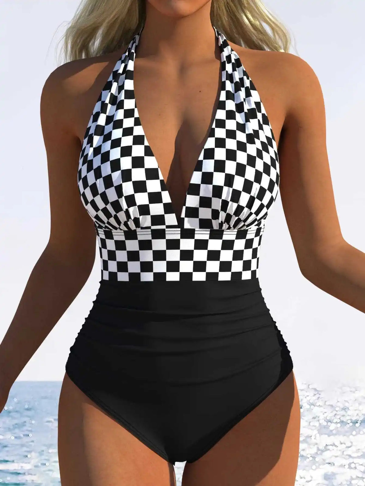 Vintage Black Plaid Patchwork Swimwear Women 2026 V Neck Pleate Tummy Control One Piece Swimsuit Beach Bathing Suit Monokini XXL