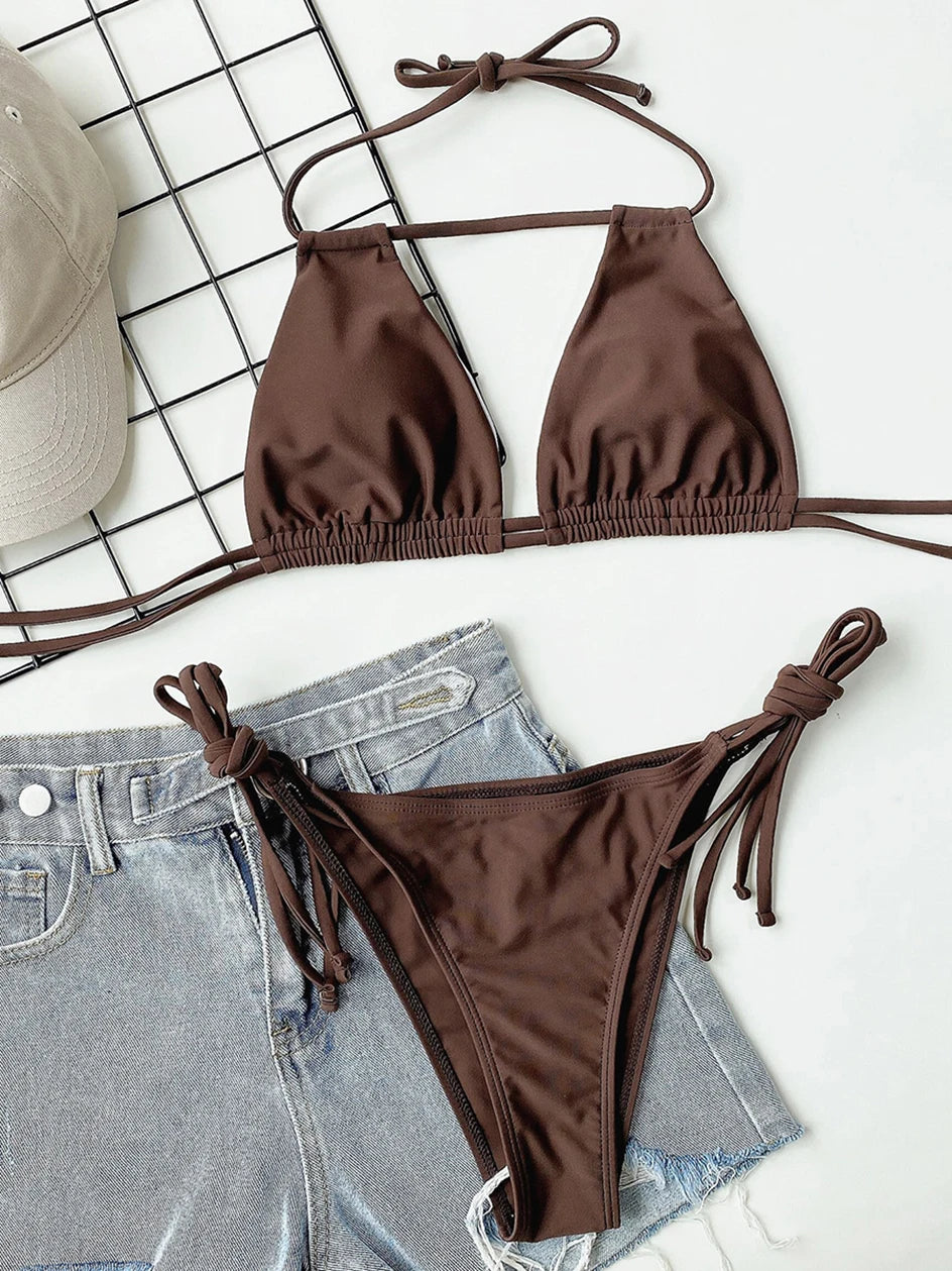 2025 Sexy Tie Side Strappy Halter Bikini Female Swimsuit Women Swimwear Two-pieces Bikini set Hollow out Bathing Suit Swim Lady