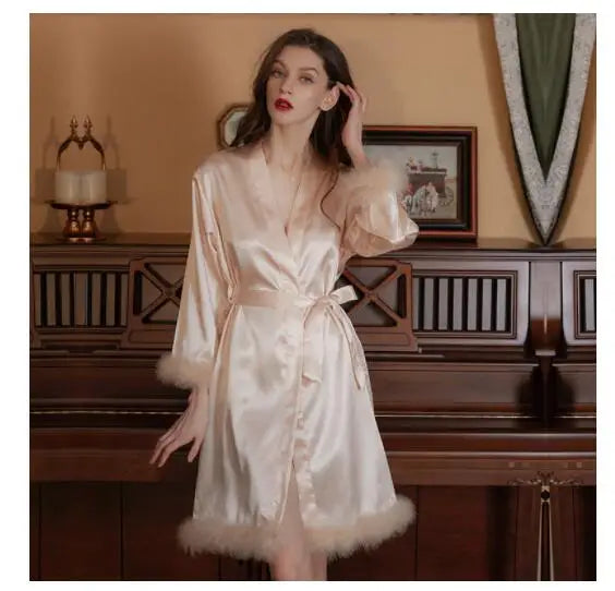 Satin Feather Patchwork Bride Bridesmaid Robe Sexy Kimono Bathrobe Gown Casual Sleepwear Intimate Lingerie Female Nightgown