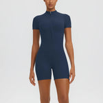 Women's Zipper Short-Sleeved Yoga Jumpsuits Sports Fitness Hip-lifting Casual Skinny Training Workout Gym Short Onesie Jumpsuits