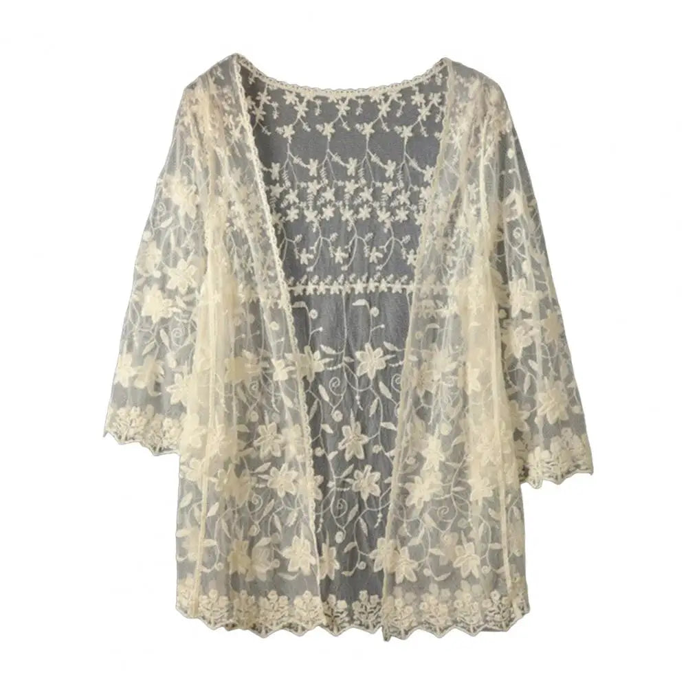 3/4 Sleeve Hollow Out Open Front Sheer Sweater Crochet Cardigan for Women Lightweight Boho Summer Beach Knit Shrug