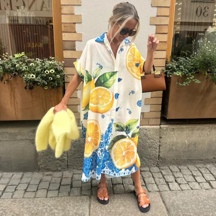 Lemon Print Shirt Dresses Women Fashion Short Sleeves Lapel Loose Single-breasted Shirts Long Dress Casual Lady Vacation Vestido
