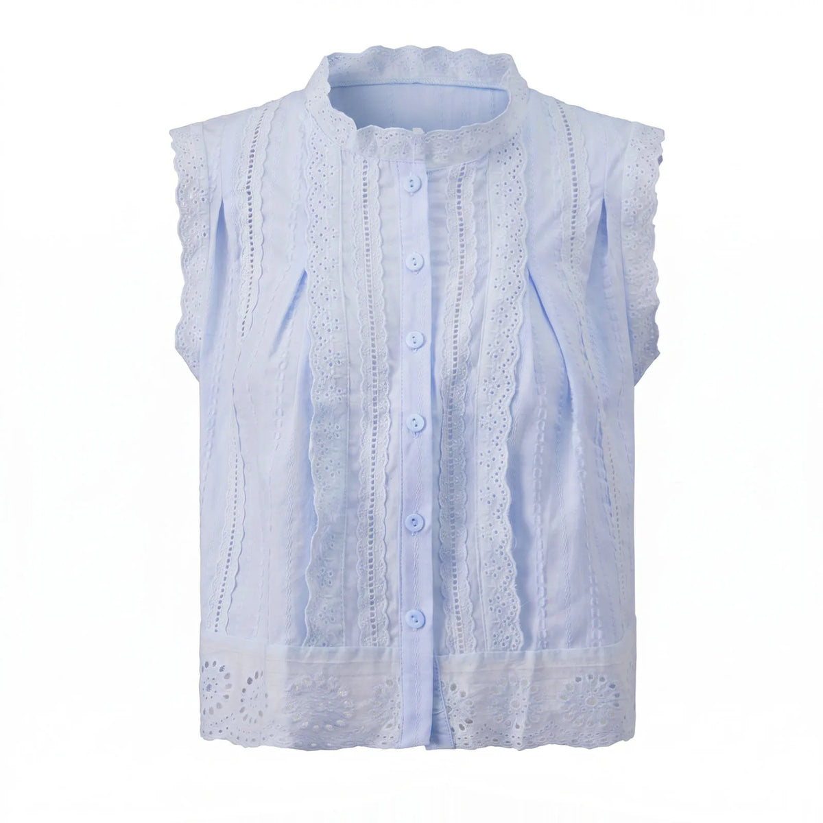 Summer Women’s Button Down Eyelet Tops Solid Color Sleeveless Round Neck Lace Trim Shirts Daily Casual Blouse Summer