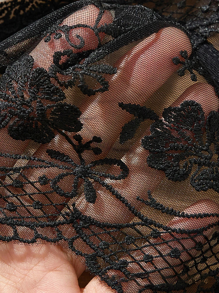 Women Floral Lace Bodysuit Black Sheer Mesh One Piece Lingerie Sexy V Neck Spaghetti Strap Teddy Bodysuit Boudoir Sleepwear