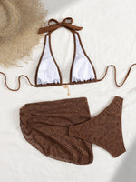 Sexy Coffee Bikinis Sets Women Hollow Out Mesh Cover Up 3 Piece Swimsuit Beach Push Up Beach Bathing Suit High Waist Swimwear