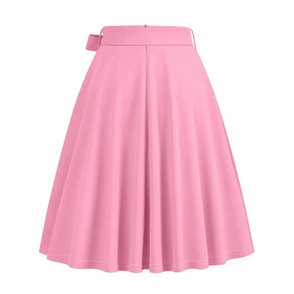 Women Skirt A-line Big Swing Belted Tight Waist Bow Decor Solid Color High Waist Soft Ruffle Summer Dating Party Midi Skirt