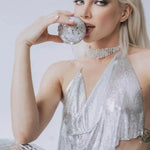 DEKA Bling Bikini Tops Deep V Neck Vest Backless Sequins Women Crop Top Night Club Diamonds Metal Tank Adjustable Halter Shiny