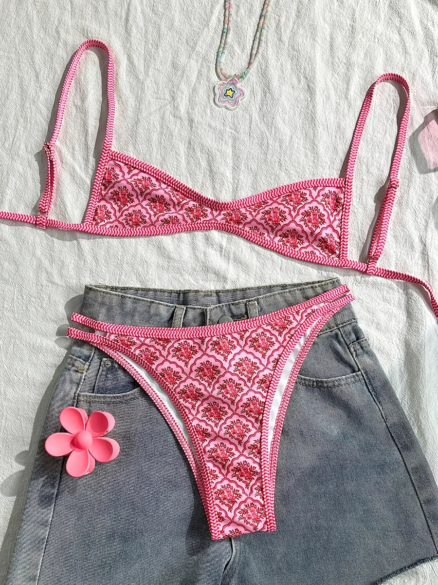 XS - XL Flowers Printed High Leg Cut Bikini Female Swimsuit Women Swimwear Two-pieces Bikini set Bather Bathing Suit Swim Lady