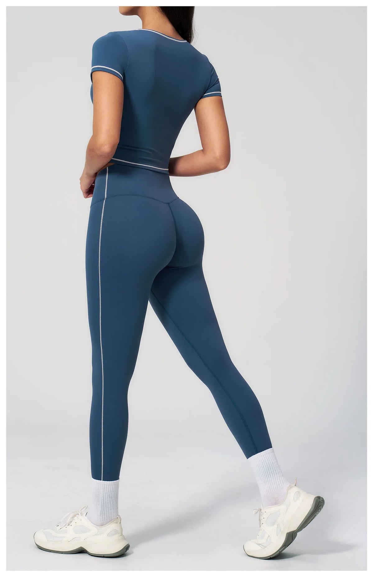 2PC Color Contrast Yoga Suit Women Short Sleeve Square Collar Slim Sports Top Fitness Suits Outdoor Exercise Leggings Tracksuit