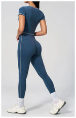 2PC Color Contrast Yoga Suit Women Short Sleeve Square Collar Slim Sports Top Fitness Suits Outdoor Exercise Leggings Tracksuit