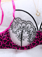 Magenta leopard print patchwork lace lingerie set-Sexy see-through chiffon demi-cup shaping bra thong set for two piece ZA825120