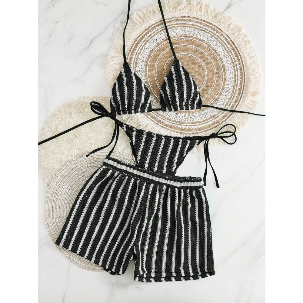 New Retro 3 Pieces Knitted Mesh String Bikini Set Swimsuit Women Blue Striped Swimwear with Shorts Beach Wear Boho Bathing Suit