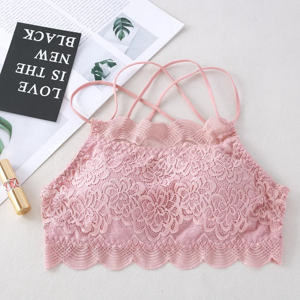 Lace Bra Tube Top Women Non-wire Bra Top Cross Straps Crop Top Beauty Back Underwear Floral Lace Bralette Sexy Lingerie