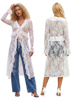 Women Casual Lightweight Floral Lace Ruffles Cover-ups Long Duster Summer Solid Color Tie Front Cardigan