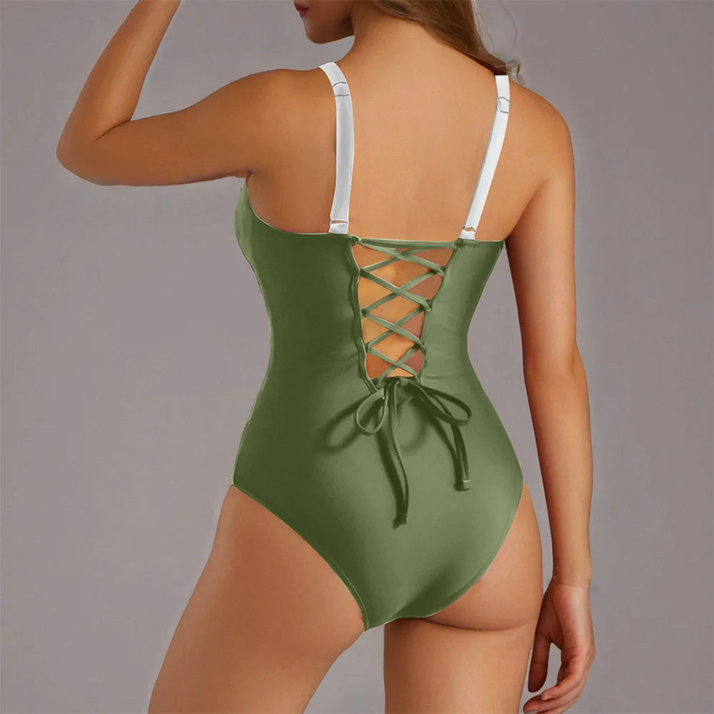 Black One Piece Swimsuit Women Swimwear 2026 New Solid Lace Up Bodysuit Monokini Sexy Slim Thong Brazilian Beach Bathing Suit XL