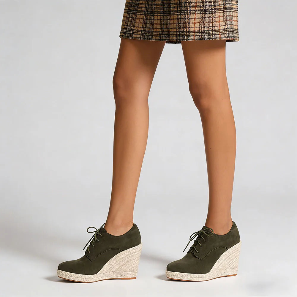 2026 Big Size 43 Vintage Brown Black Pointy Toe Lace-up High Heels Espadrilles Pumps Comfy Walk Office Lady Wedges Shoes Women