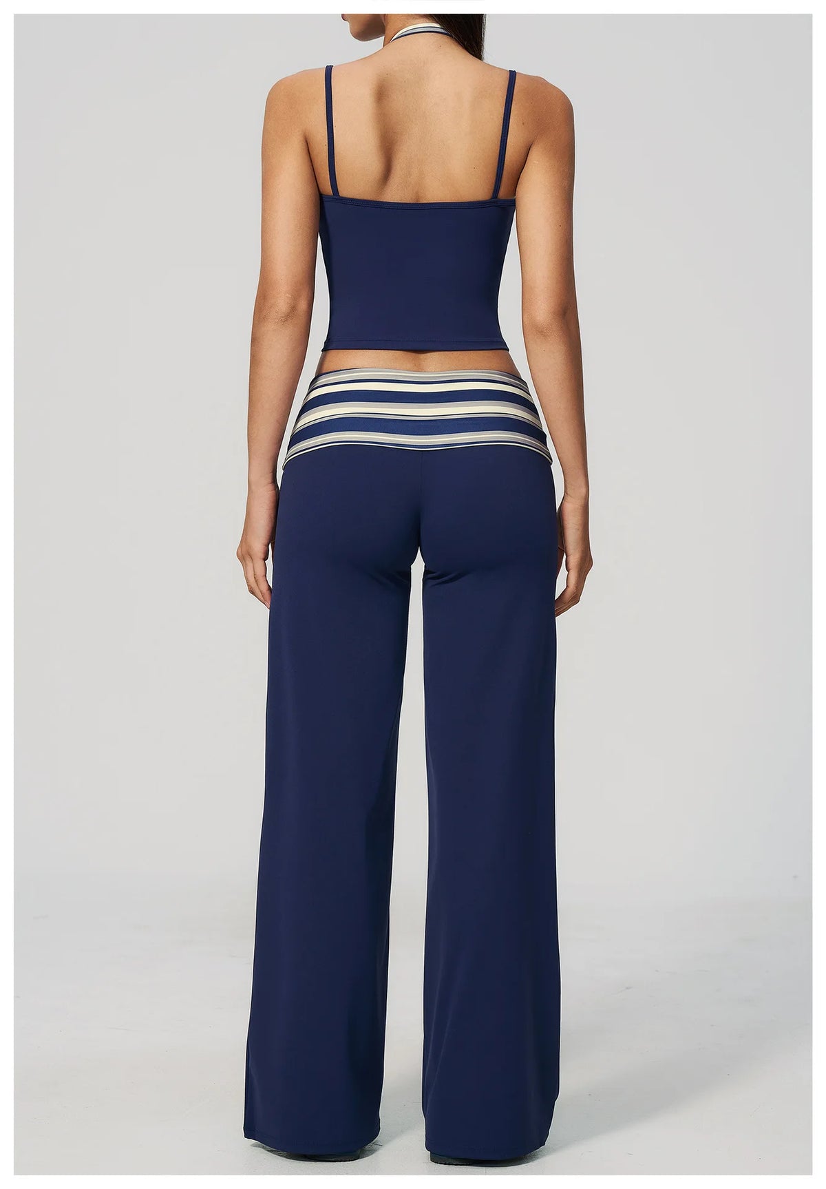 Women's 2 Piece Yoga Set Halter Neck Crop Top Fold Over Waist Wide Legged Flare Trousers Polka Dot Striped Gym Workout Running