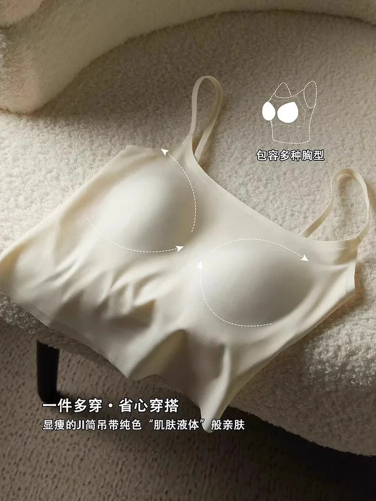 Women's Seamless Bras Top - MOYISU Invisible Chest Pad Camisole Anti-Peep Undershirt with Versatile Strap & Flattering Back Cut