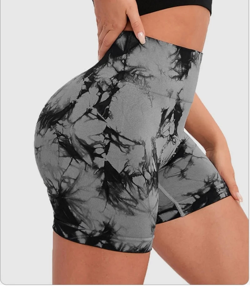 Seamless Tie Dye Style High Waist Quick Dried Fitness Triple Pants Honey Peach Hip Lift Yoga Sports Tight Shorts
