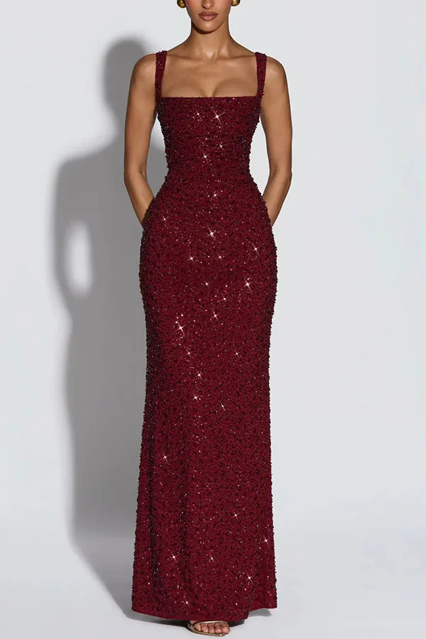 Women's Sequin Maxi Dress Burgundy Square Neck Sleeveless Bodycon Evening Gown Formal Party Prom Cocktail Mermaid Long Dresses