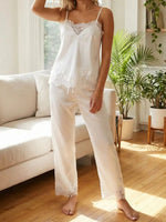 Women Summer Sleepwear White Satin Pajama Sets Lace Spaghetti Straps Cami with Pants Two Piece Sets