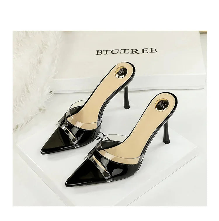 BIGTREE Shoes Women PVC Transparent Shoes for Women Sexy Pointed Open Toe Shallow Slider Slippers Ladies Sandal High Heels Mules